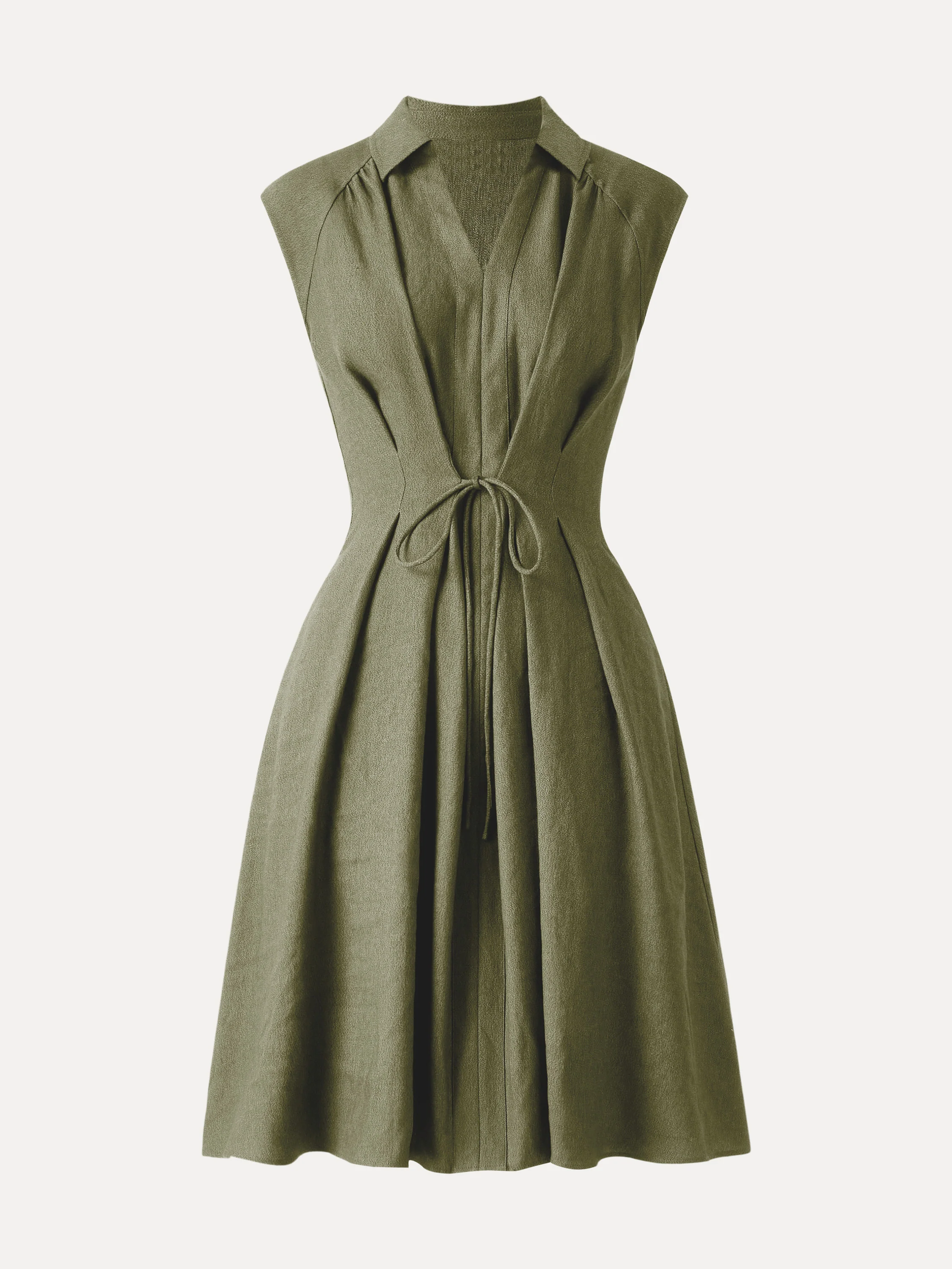 Viscose-Linen Collared V-neck Midi Dress with Drawstring - Image 16