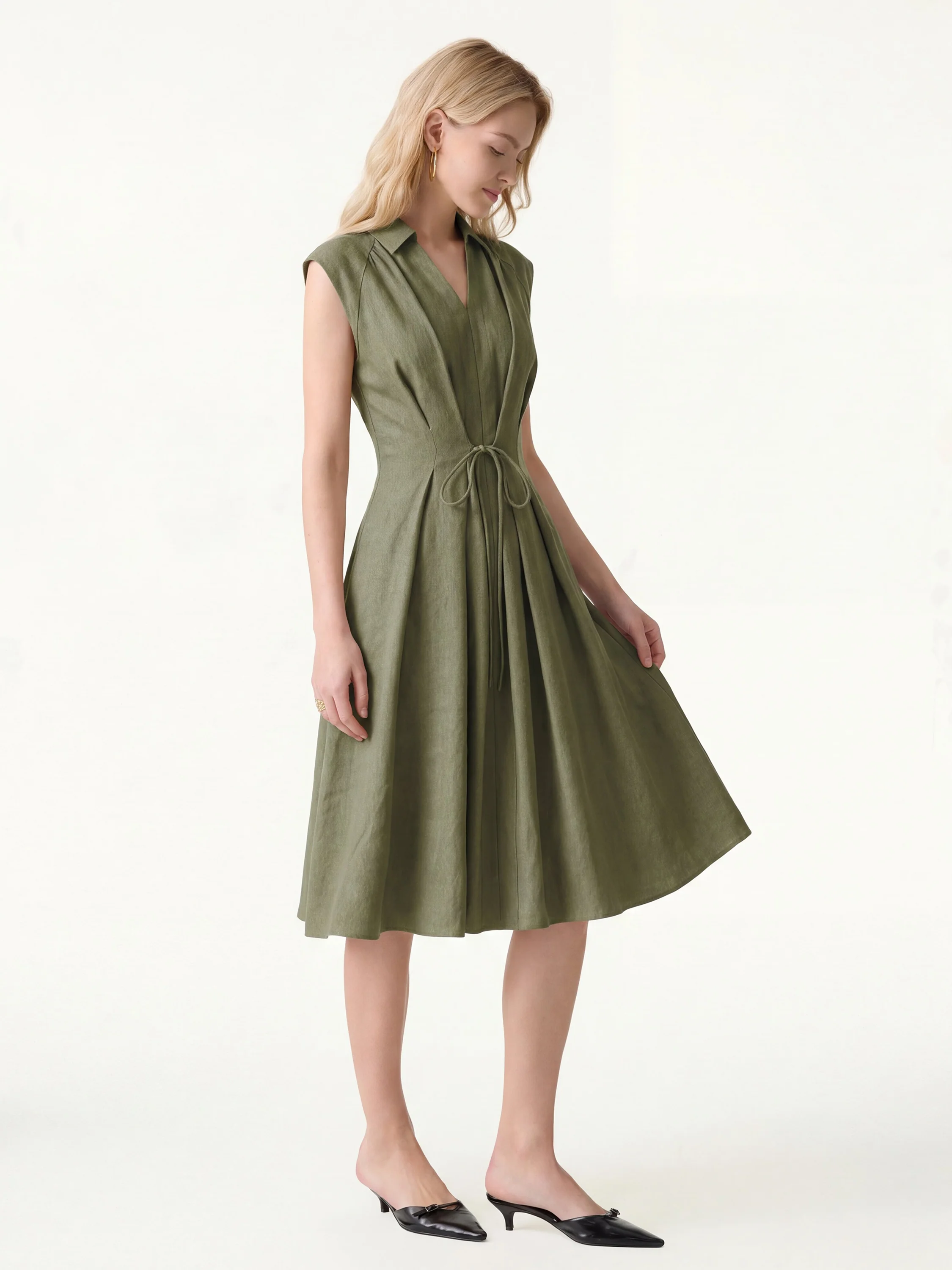Viscose-Linen Collared V-neck Midi Dress with Drawstring - Image 17