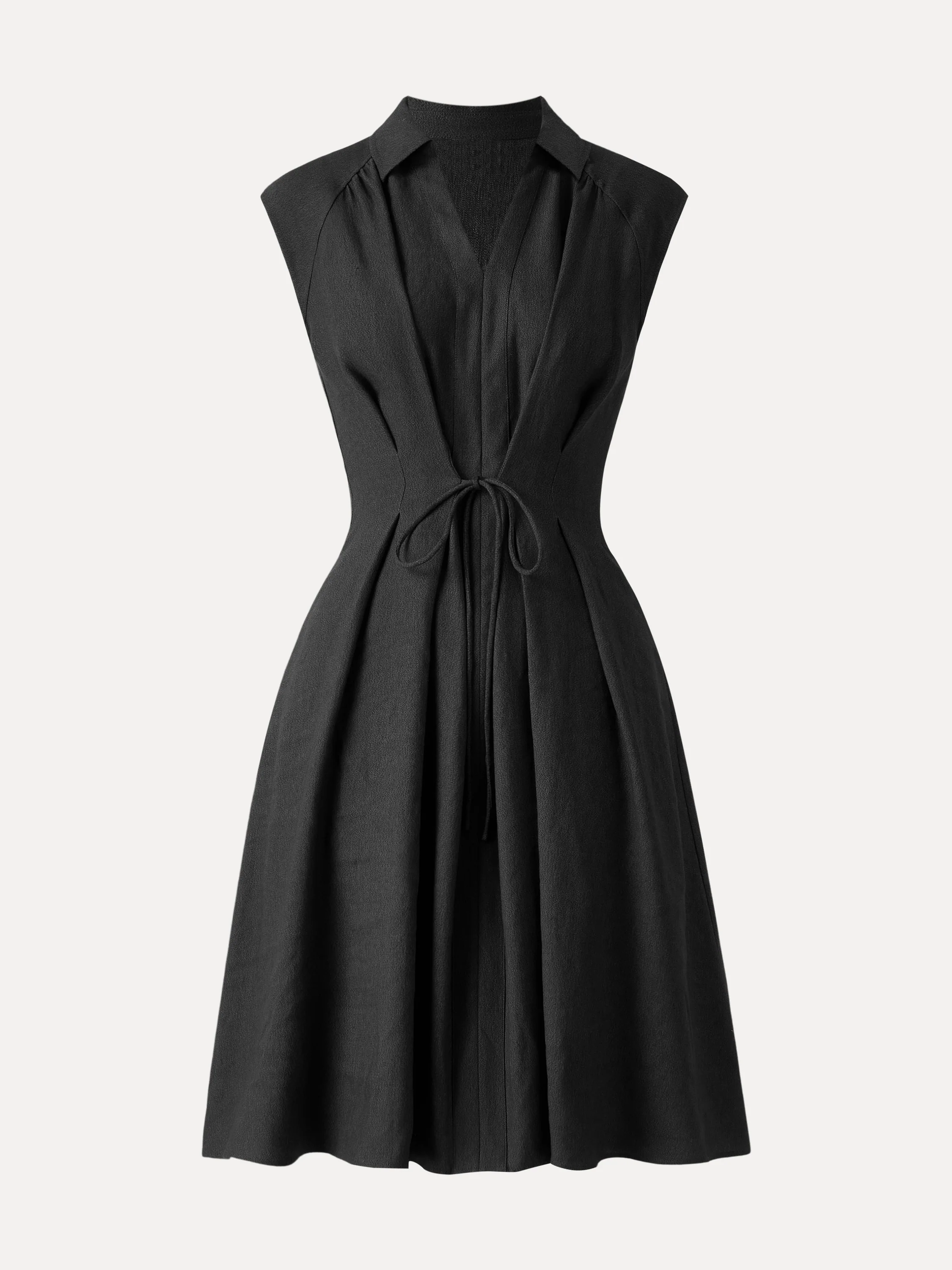 Viscose-Linen Collared V-neck Midi Dress with Drawstring - Image 18