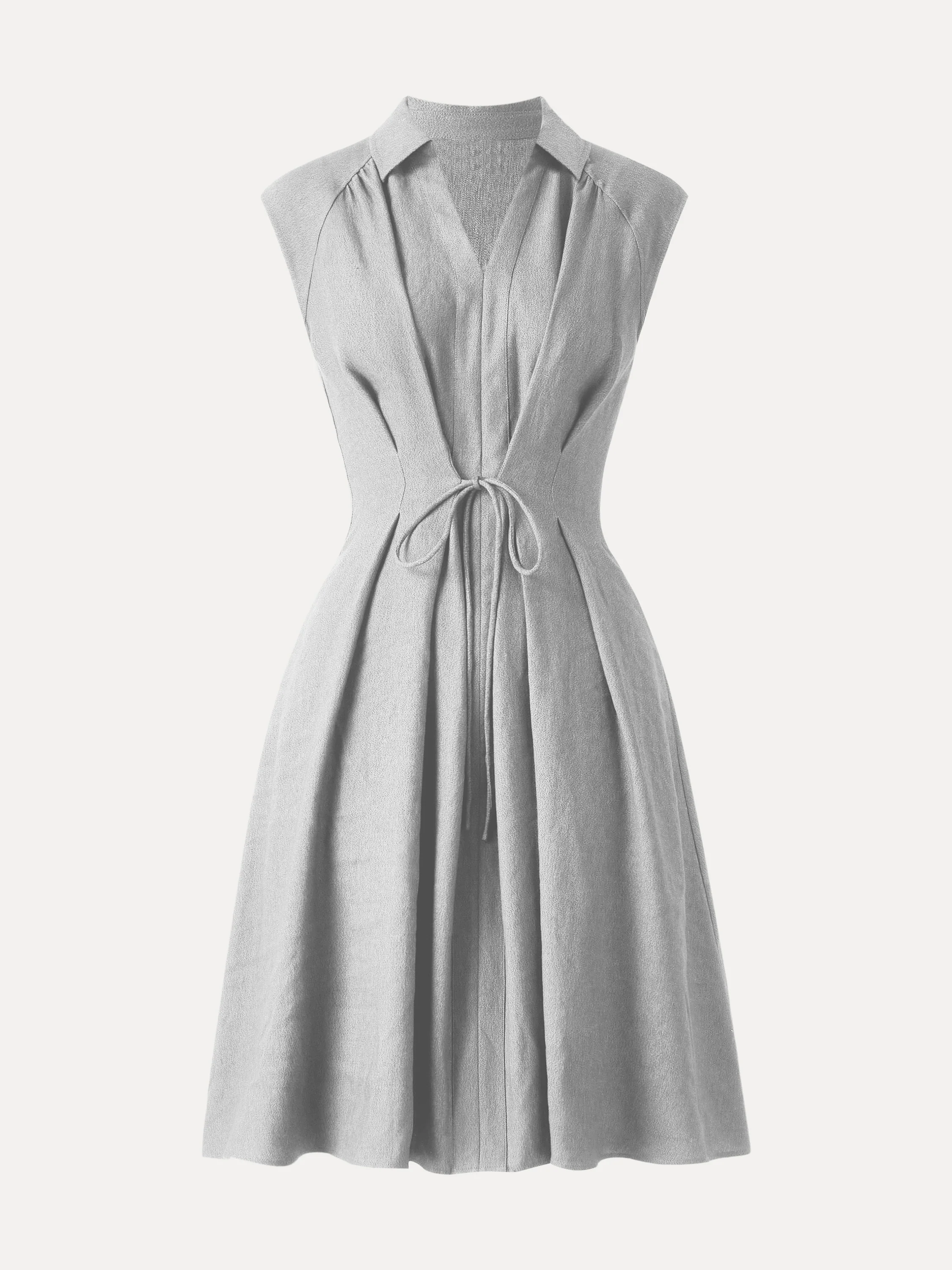 Viscose-Linen Collared V-neck Midi Dress with Drawstring - Image 19