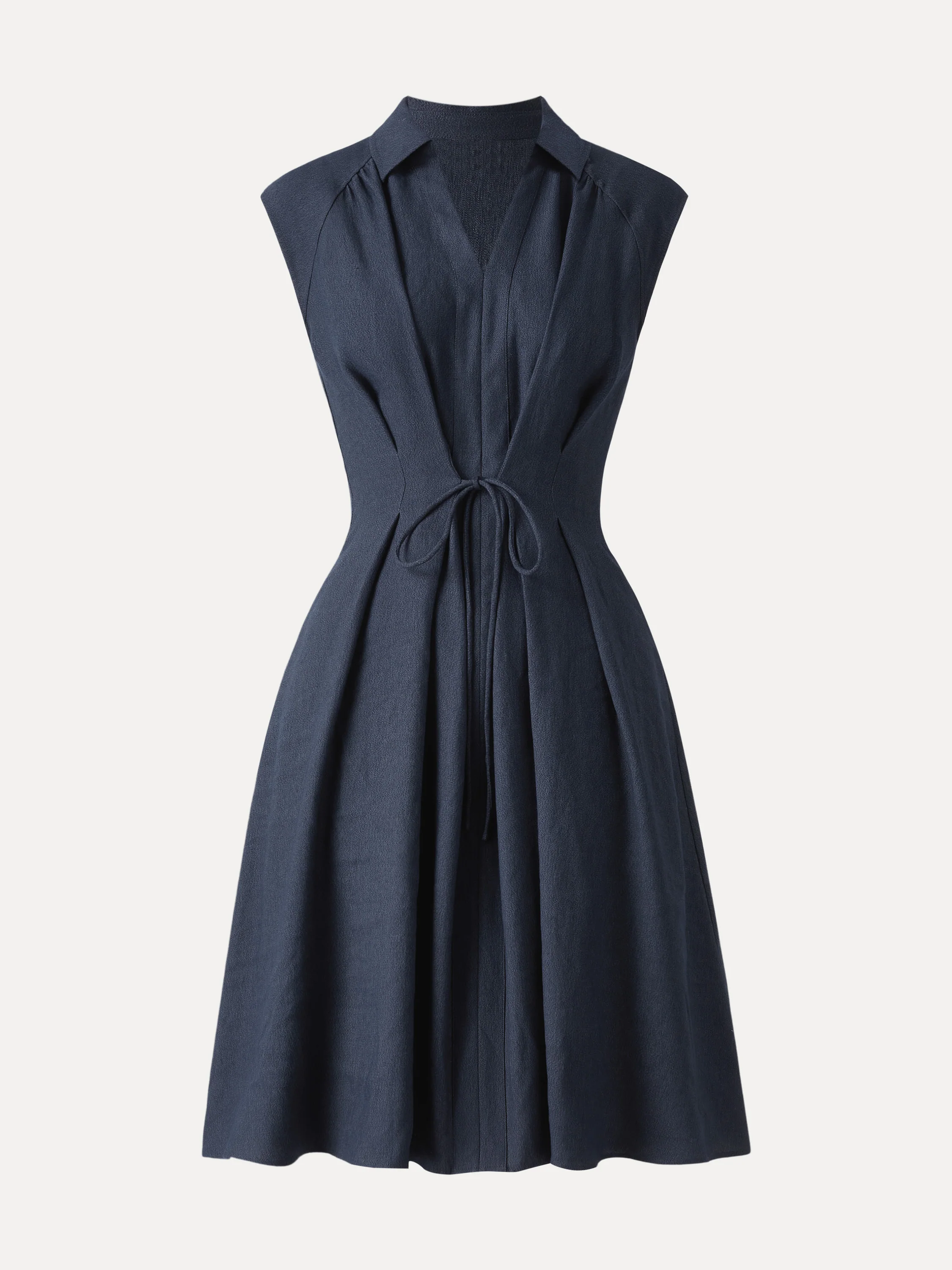 Viscose-Linen Collared V-neck Midi Dress with Drawstring - Image 3