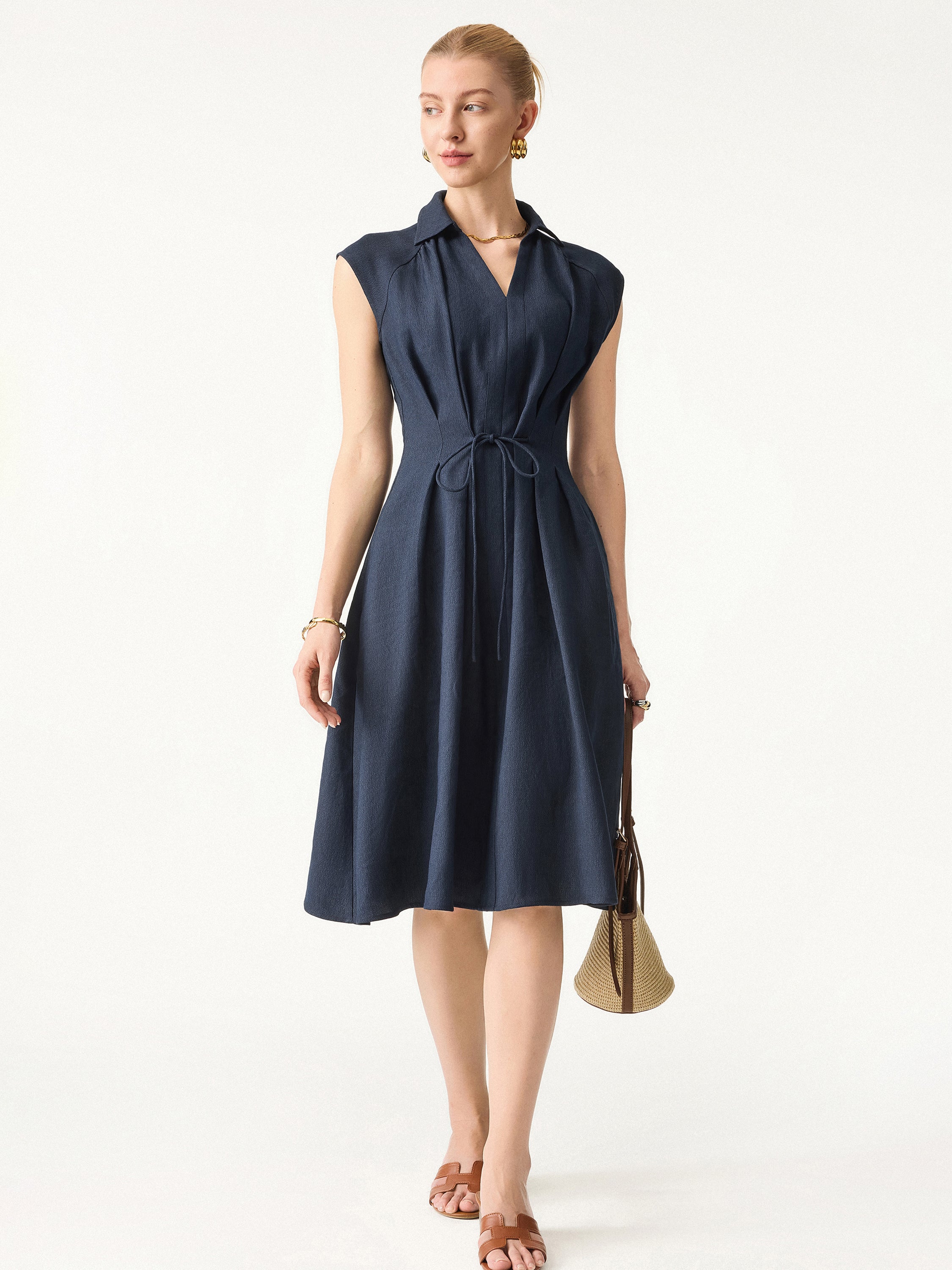 Viscose-Linen Collared V-neck Midi Dress with Drawstring - Image 4