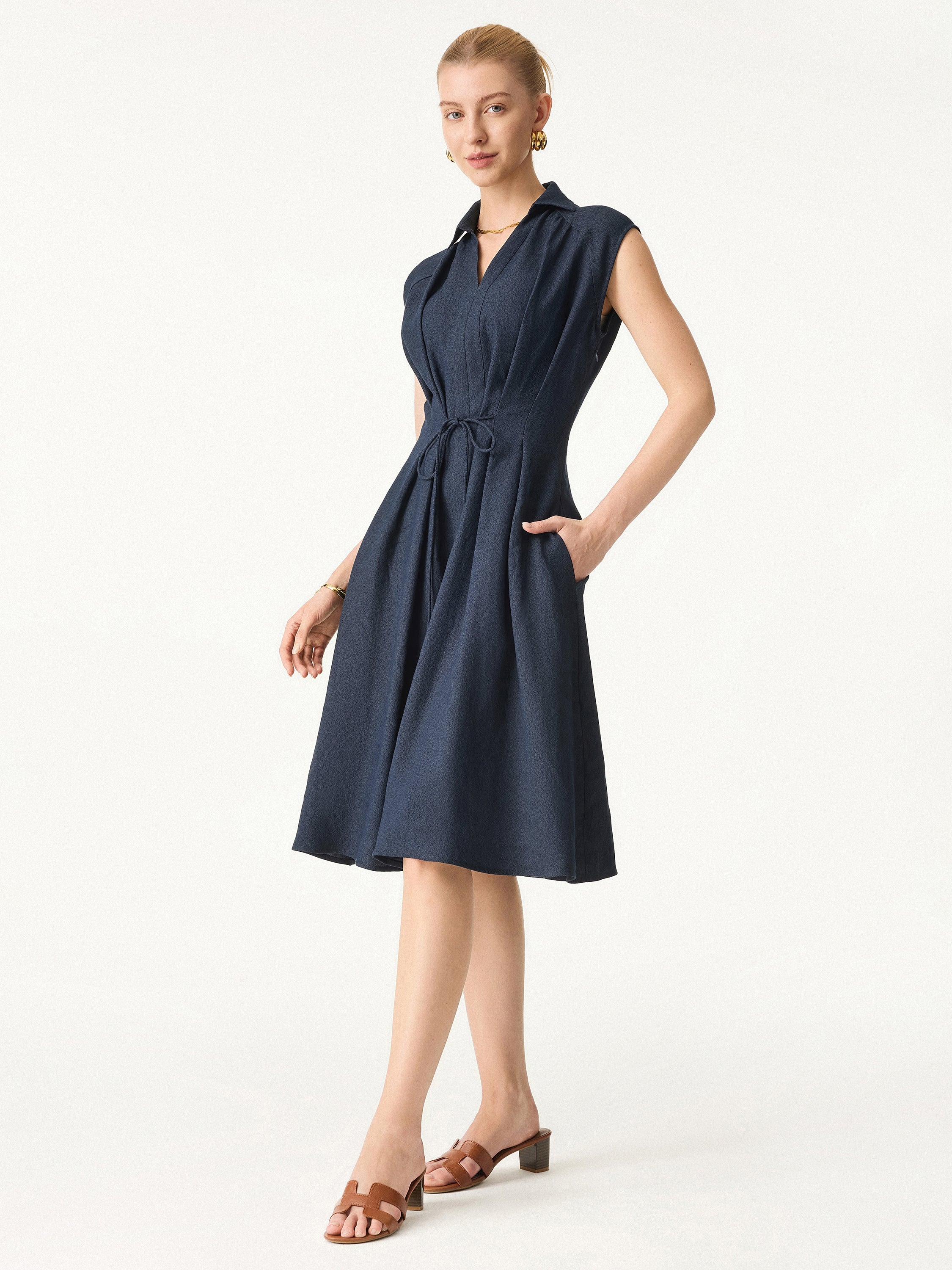Viscose-Linen Collared V-neck Midi Dress with Drawstring - Image 9