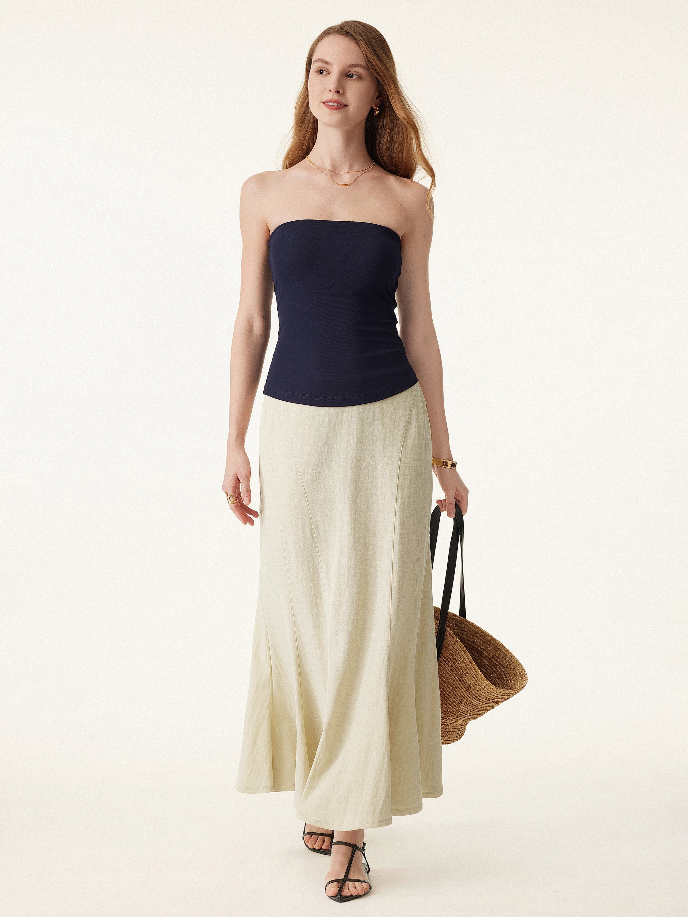 Wrinkle-resistant Cotton-linen Pull-on Midi Skirt - Image 3