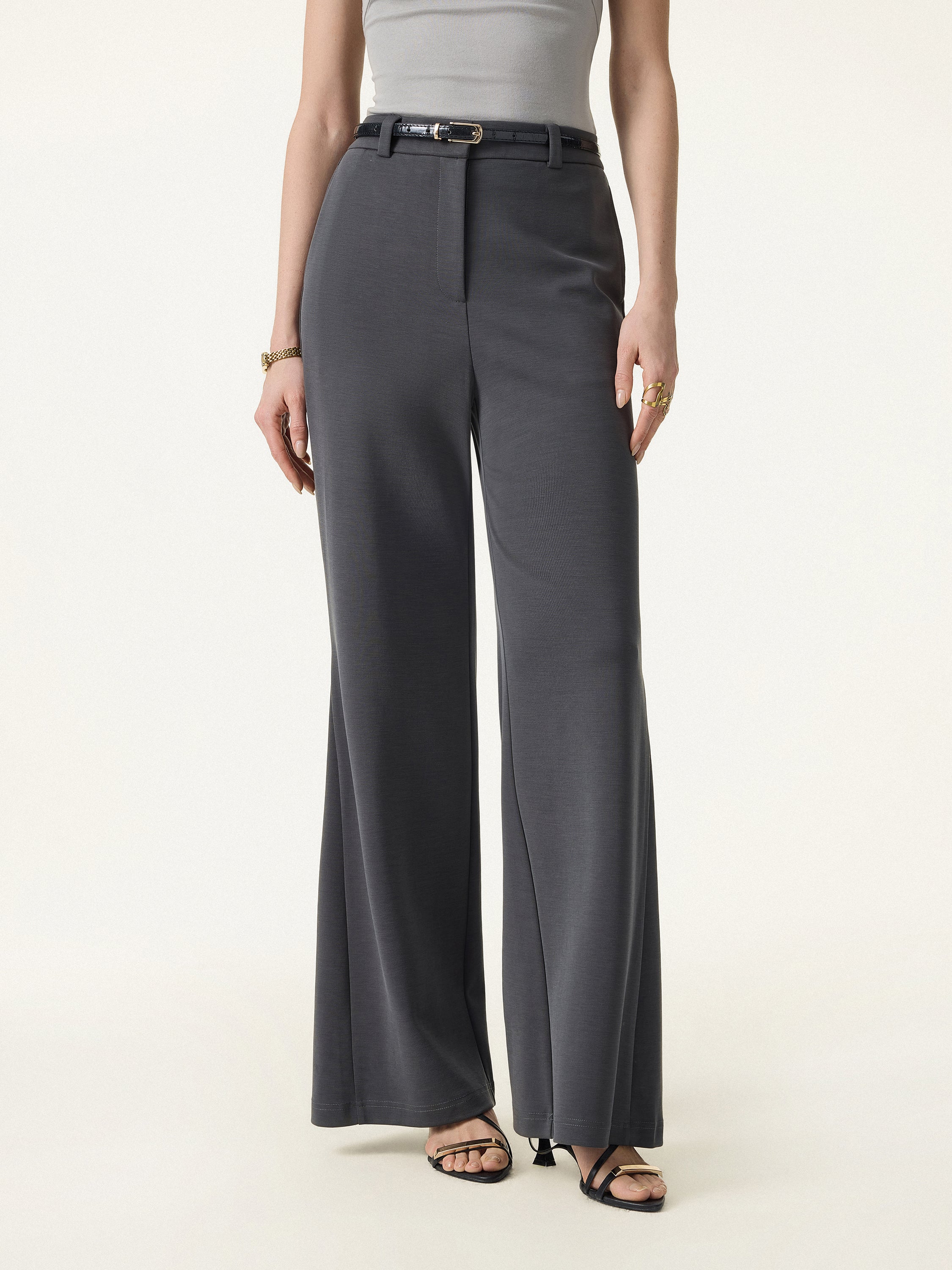 Wrinkle-Resistant High Rise Flared Trousers with Pockets - Image 4