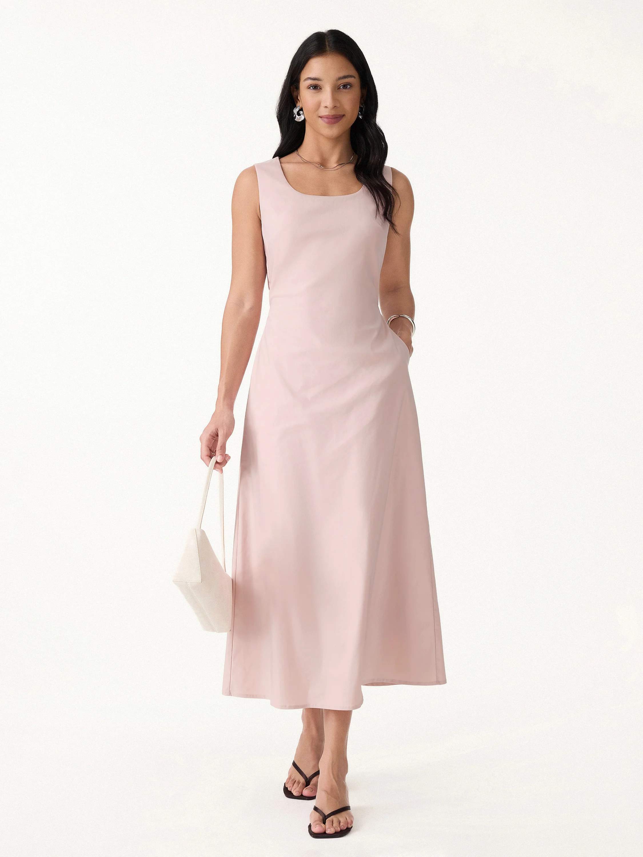 Wrinkle-Resistant Linen Blend U-Neck Maxi Dress with Pockets