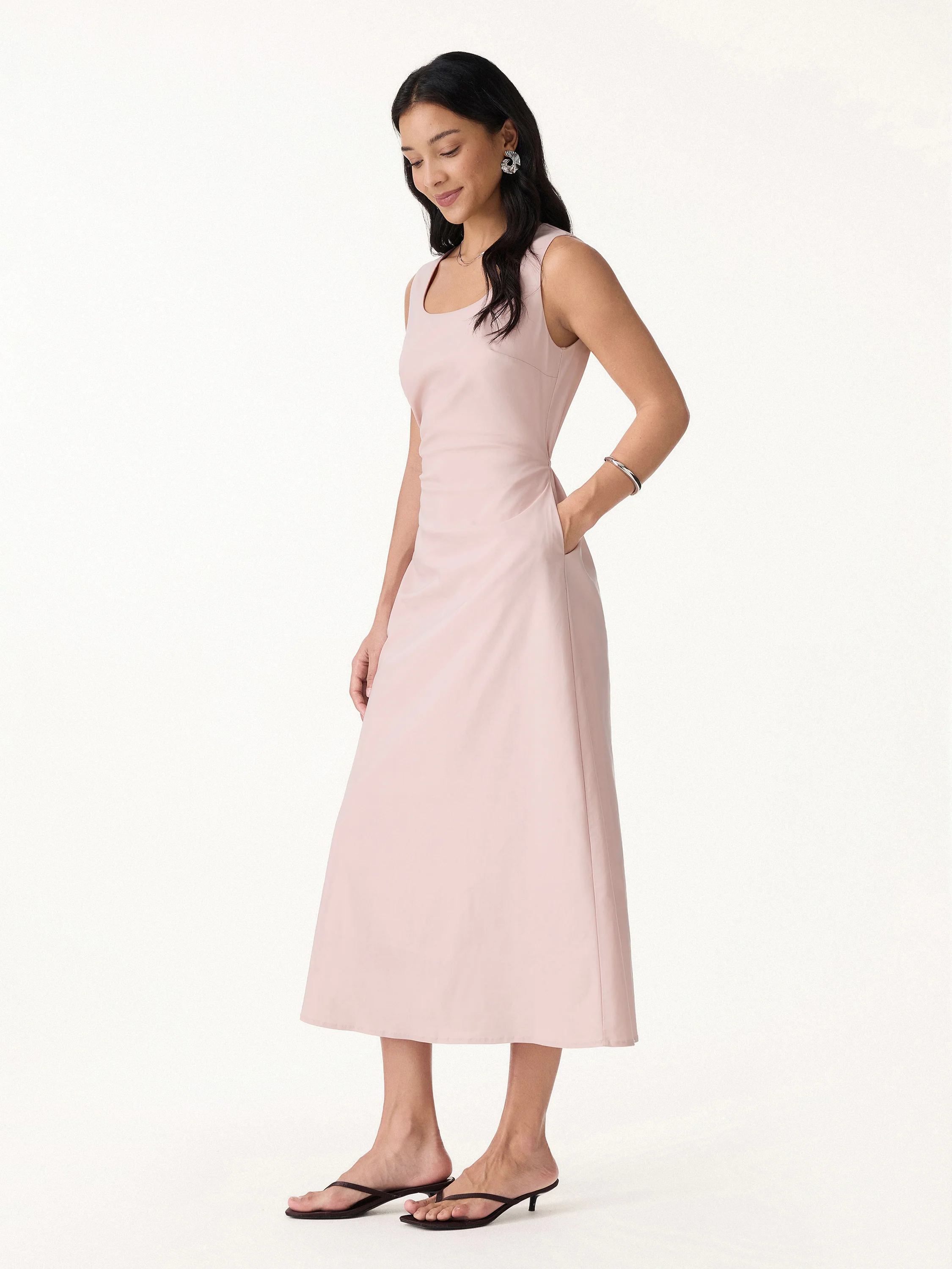 Wrinkle-Resistant Linen Blend U-Neck Maxi Dress with Pockets - Image 6
