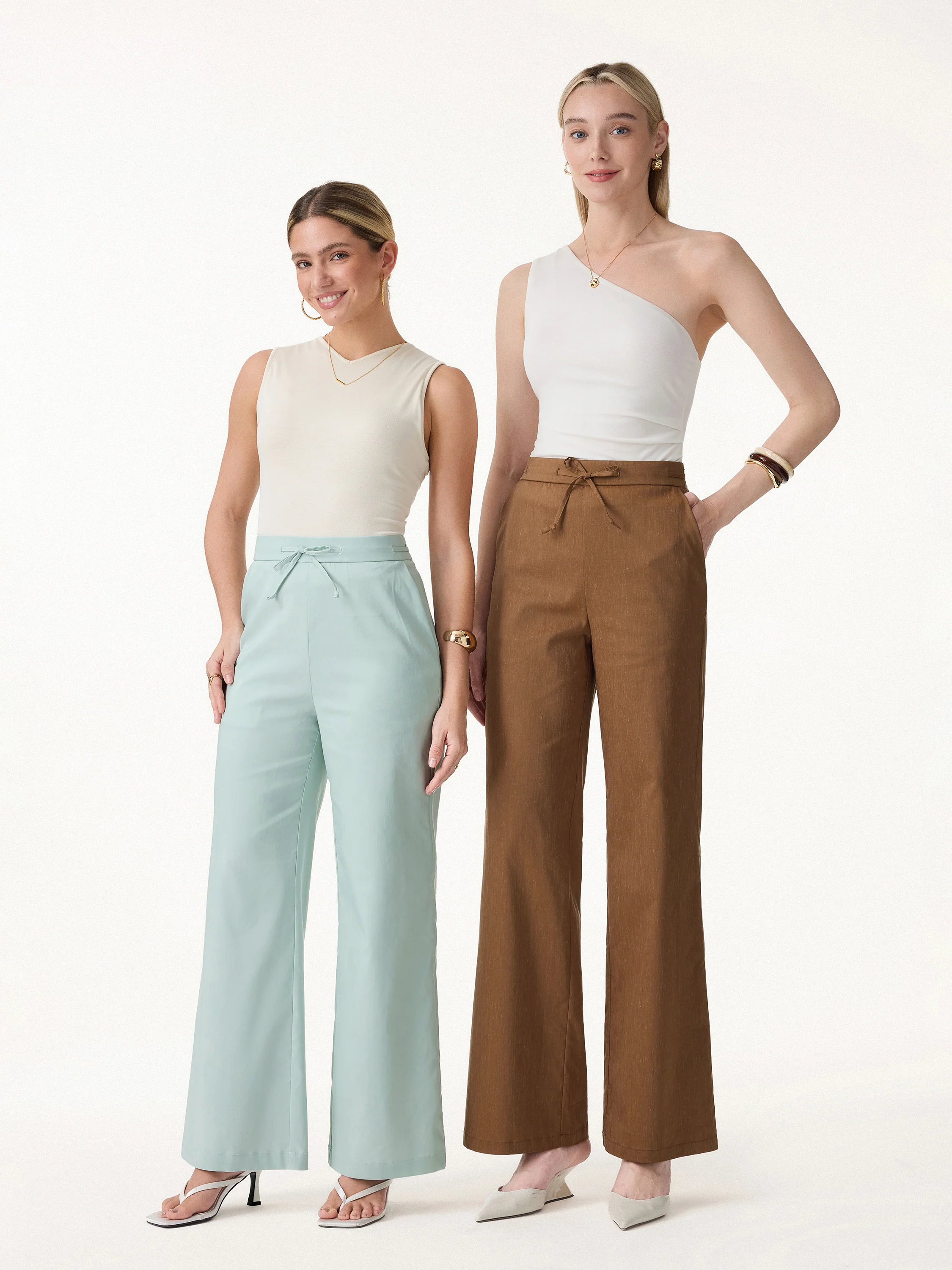 Wrinkle-Resistant Linen Drawstring Wide Leg Pants with Pockets - Image 2