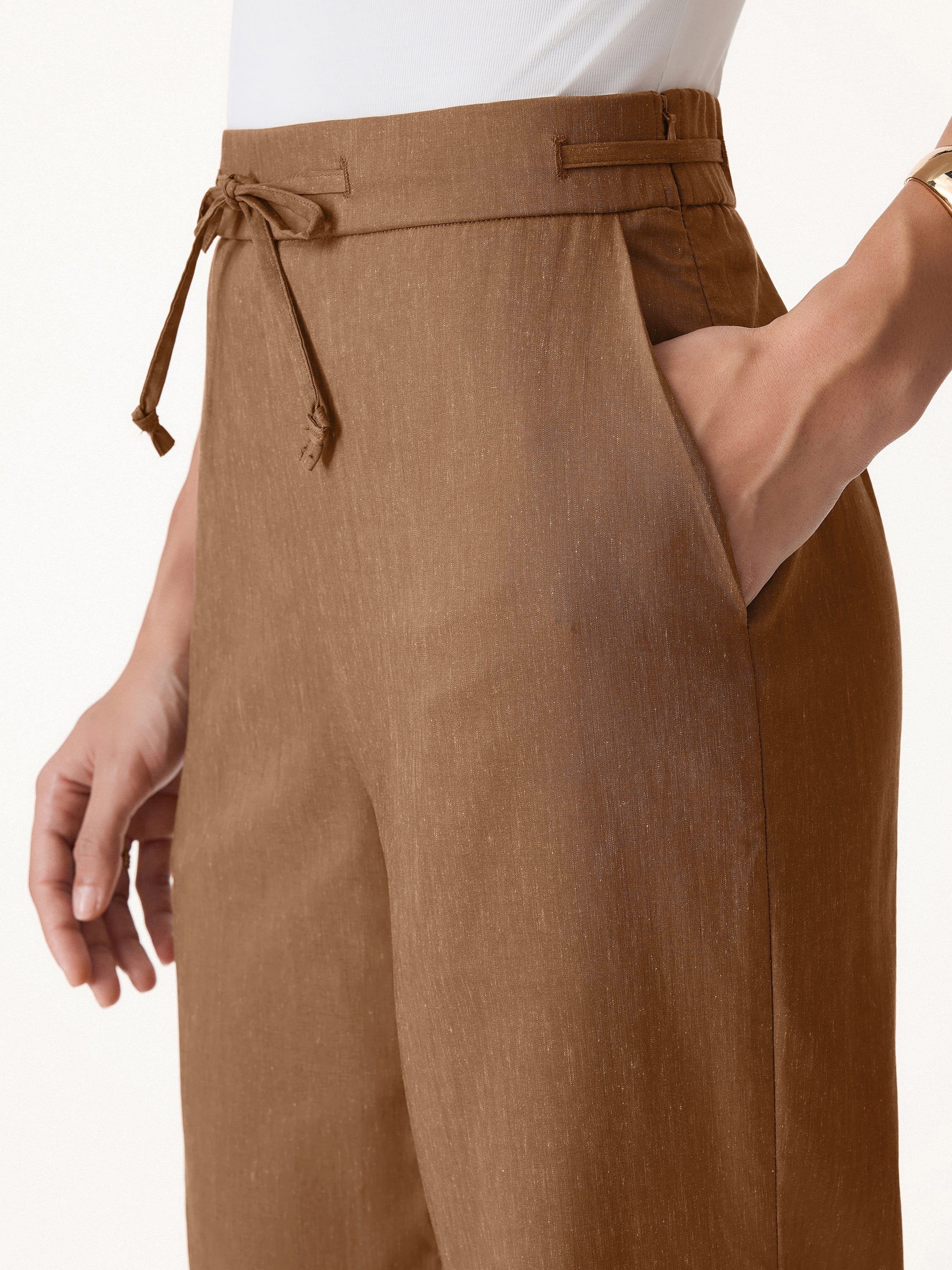Wrinkle-Resistant Linen Drawstring Wide Leg Pants with Pockets - Image 3
