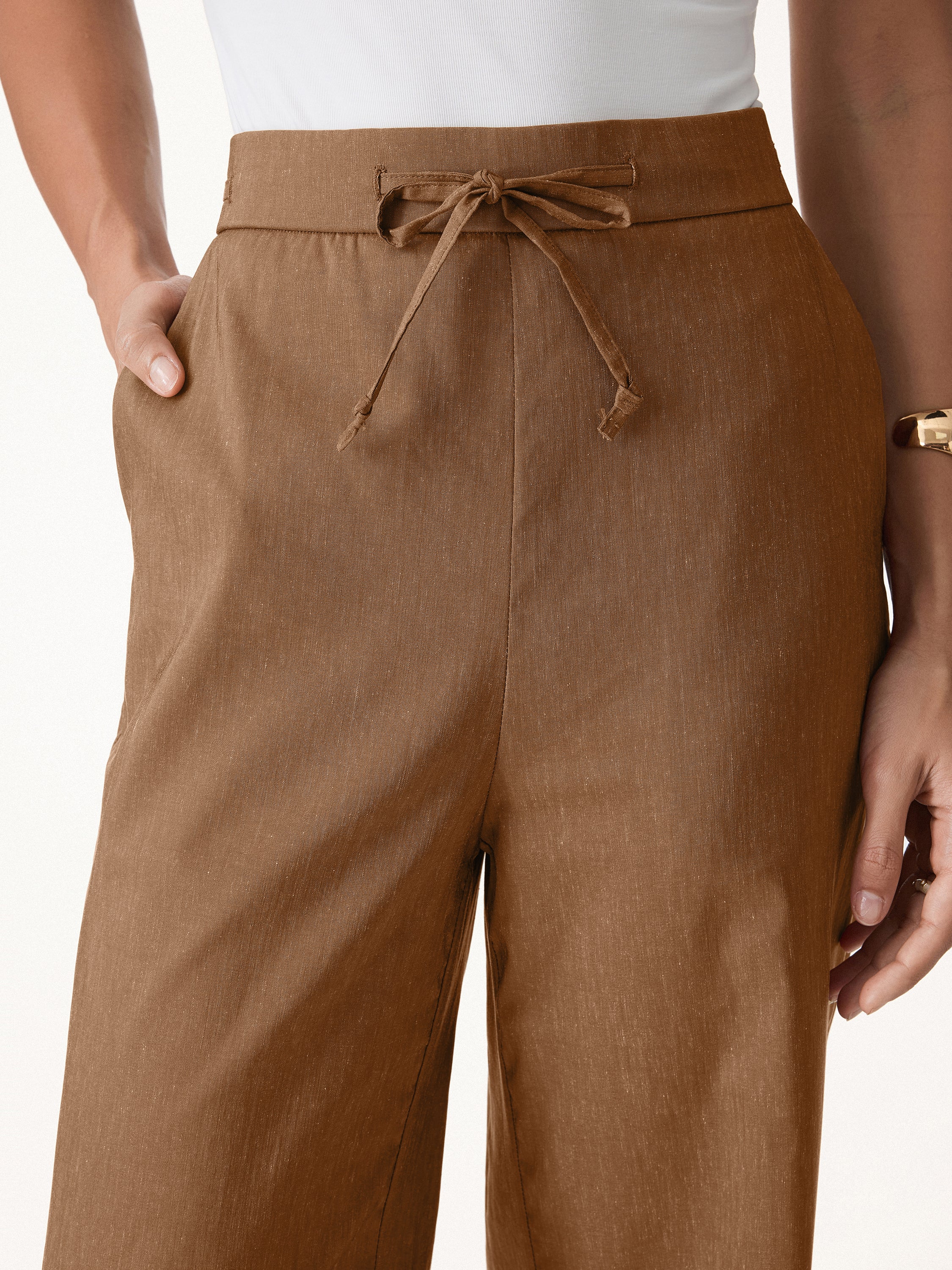 Wrinkle-Resistant Linen Drawstring Wide Leg Pants with Pockets - Image 7