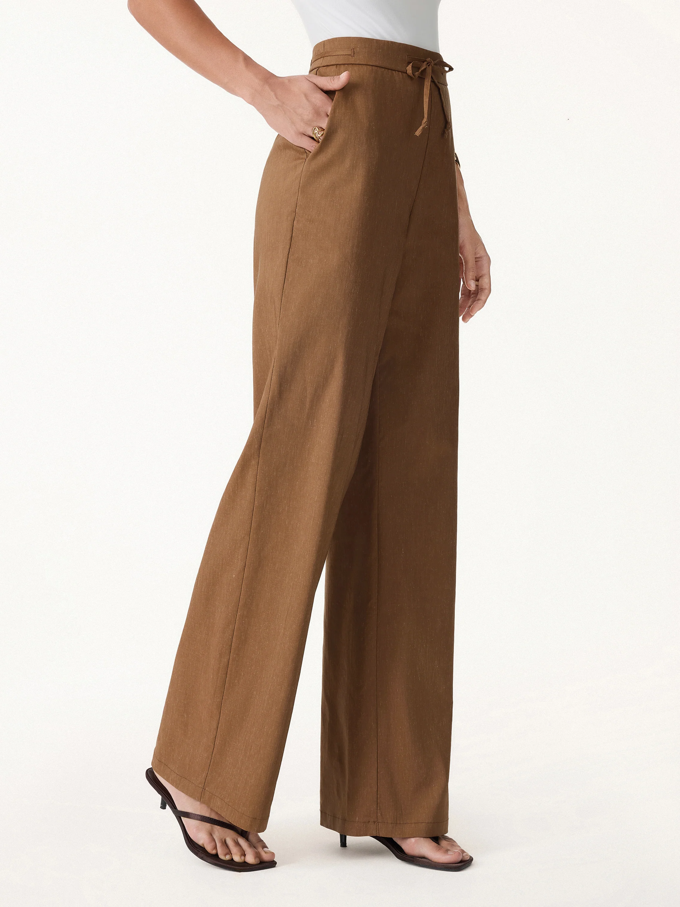 Wrinkle-Resistant Linen Drawstring Wide Leg Pants with Pockets - Image 9