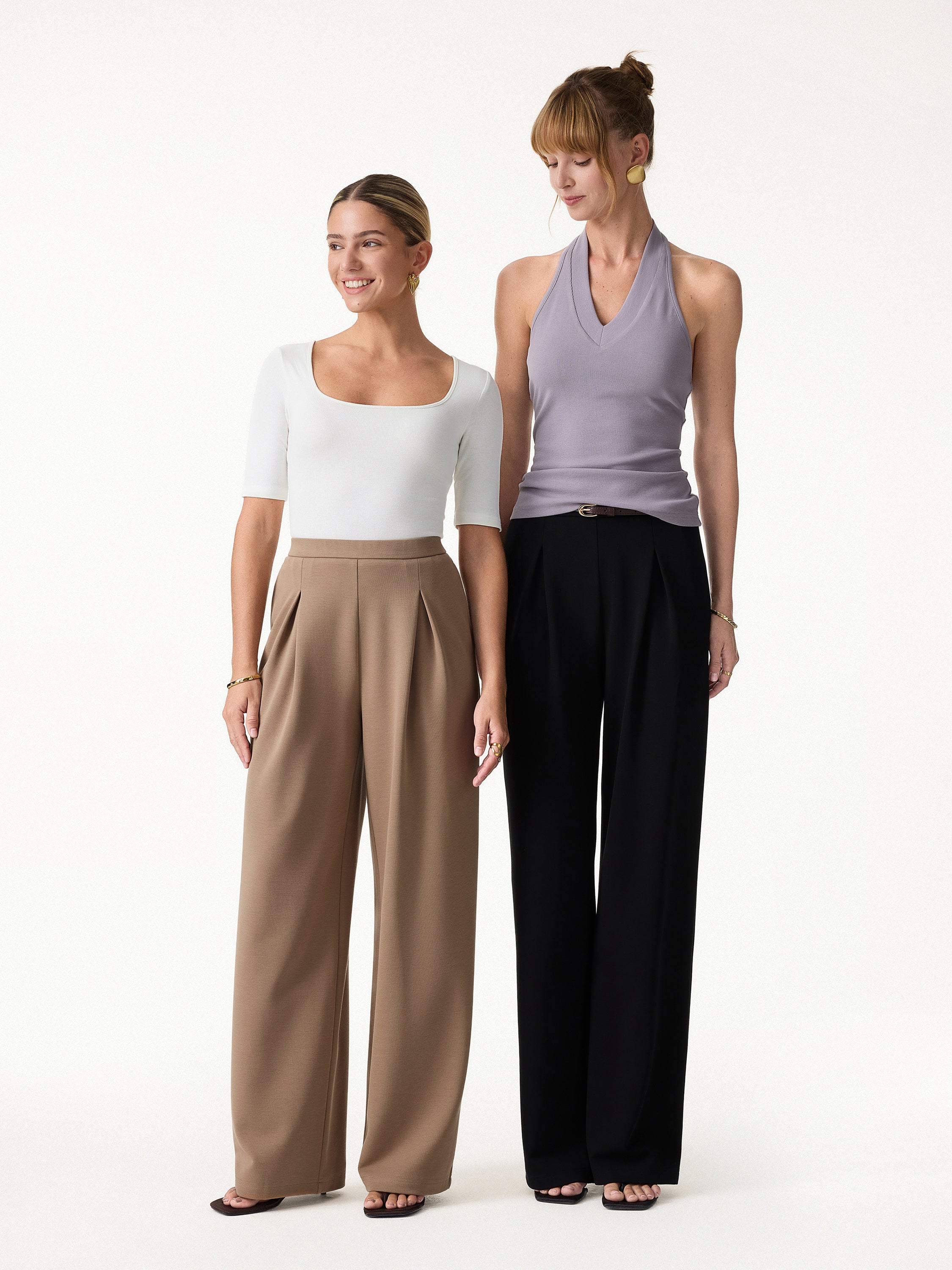 Wrinkle-Resistant Mid Rise Wide Leg Pleated Pants with Pockets - Image 2