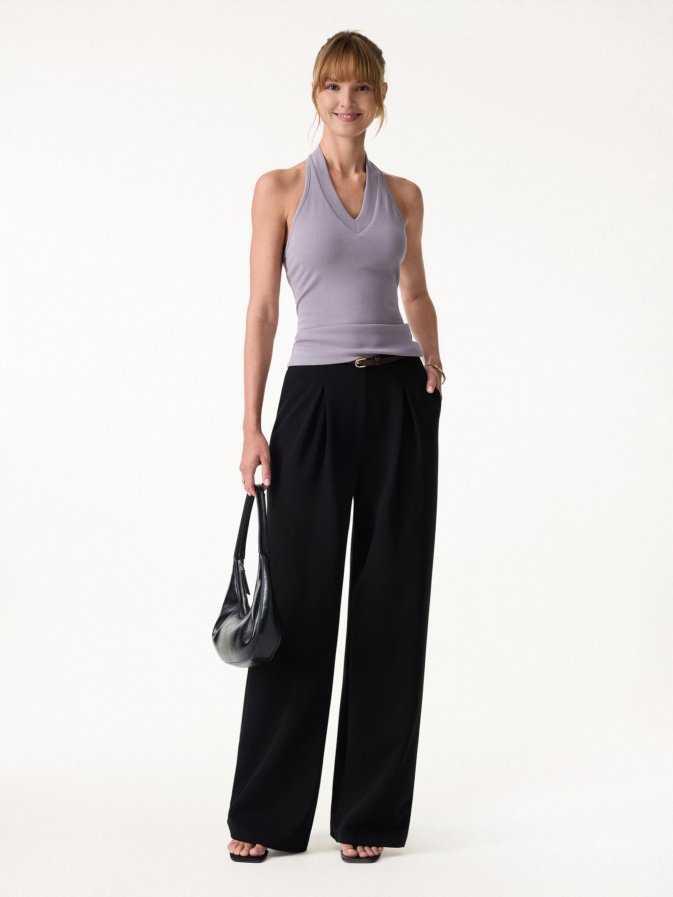 Wrinkle-Resistant Mid Rise Wide Leg Pleated Pants with Pockets - Image 4